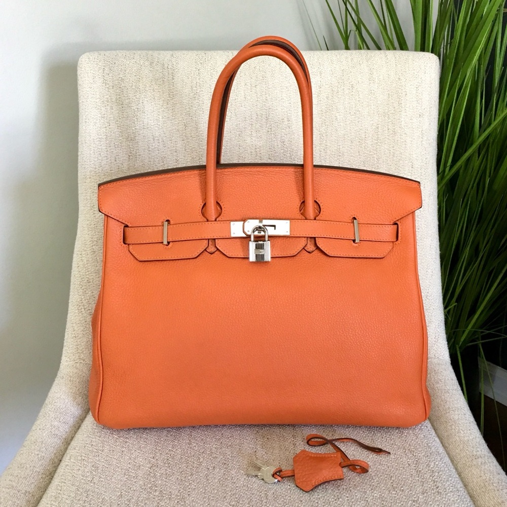 Authentic HERMES Birkin 35 bag orange clemence leather silver hardware